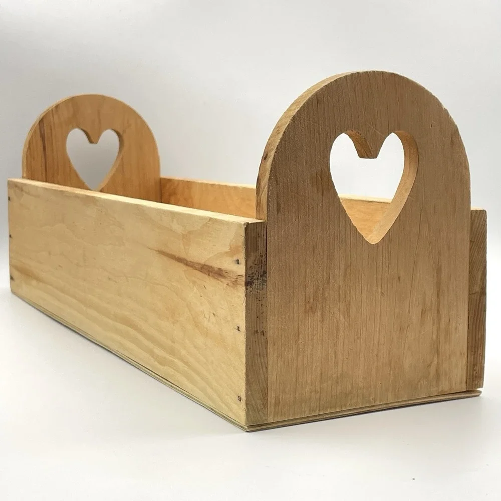 Primitive Wooden Heart Cutout Storage Tote Caddy Box Farmhouse Decor 18